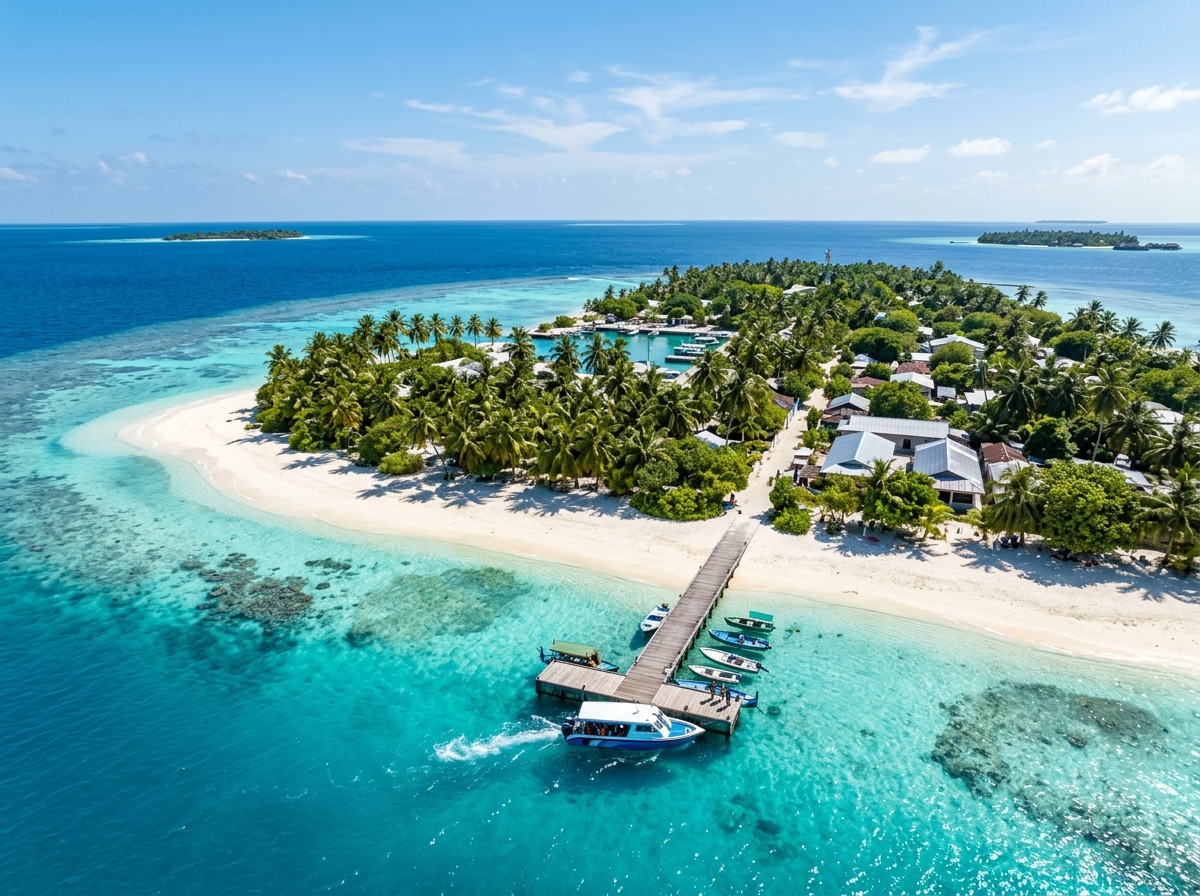 Himmafushi island turquoise lagoon and harbour